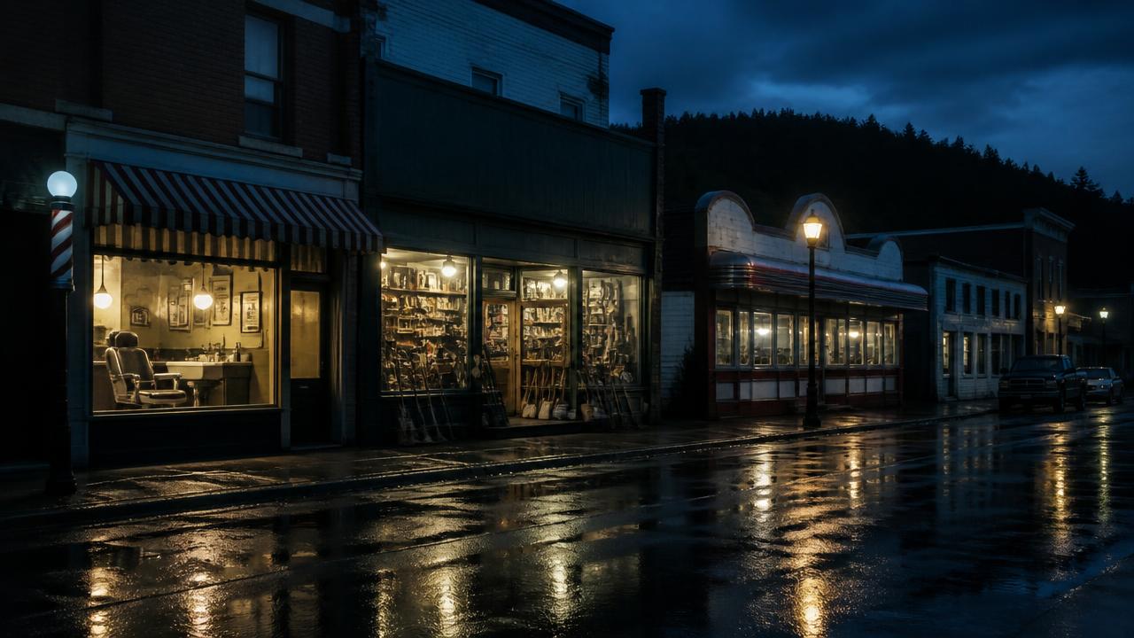 Lit storefronts along a small-town main street at dusk