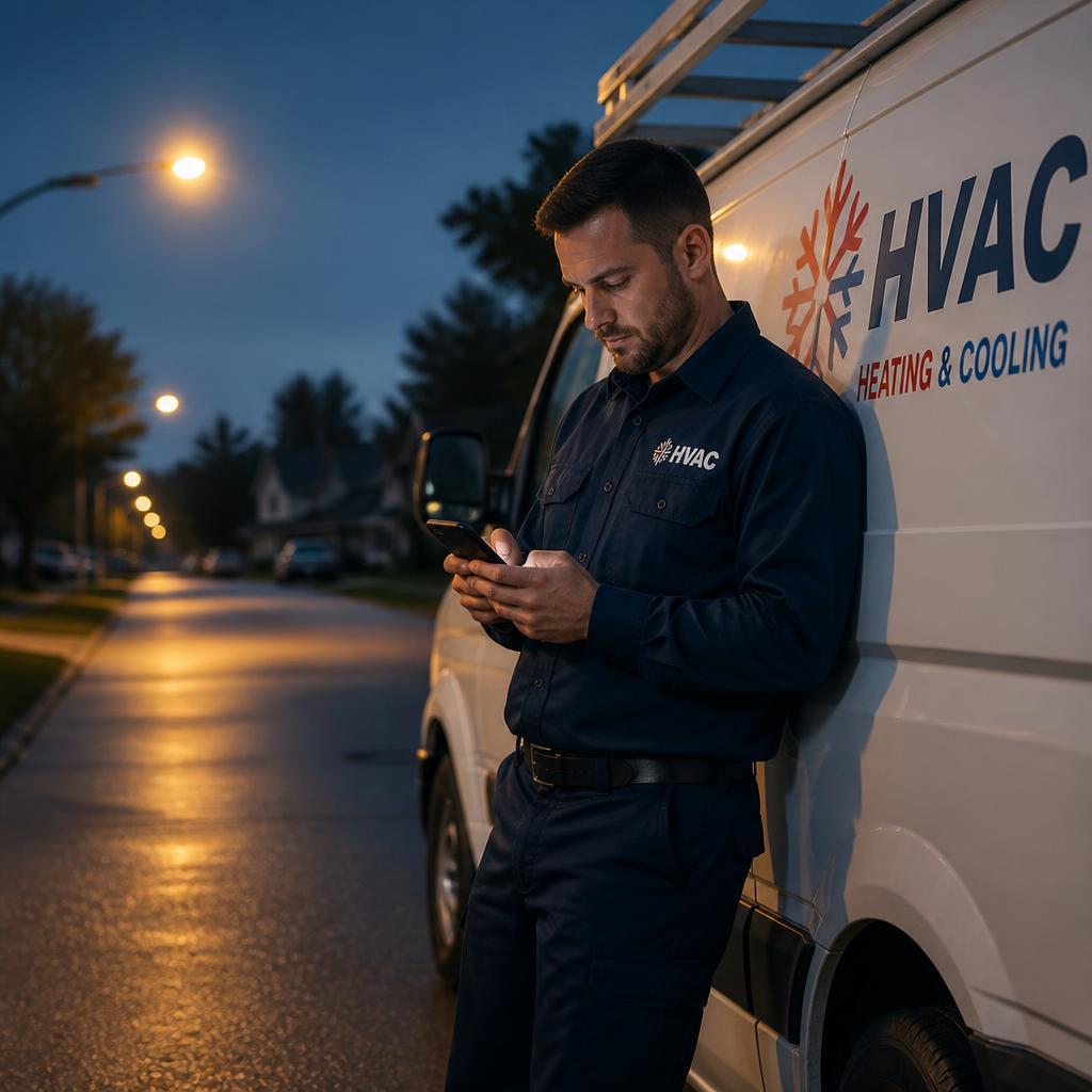 An HVAC technician checking his phone beside a service van at dusk