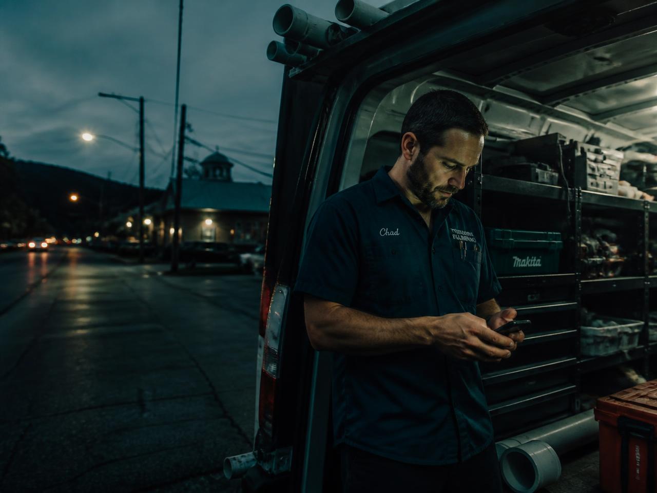 A tradesman checking his phone at the back of his van at dusk