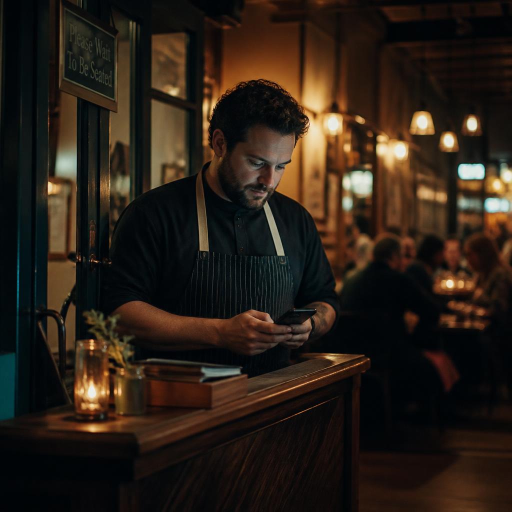 A restaurant owner checking his phone at the host counter during a busy dinner service