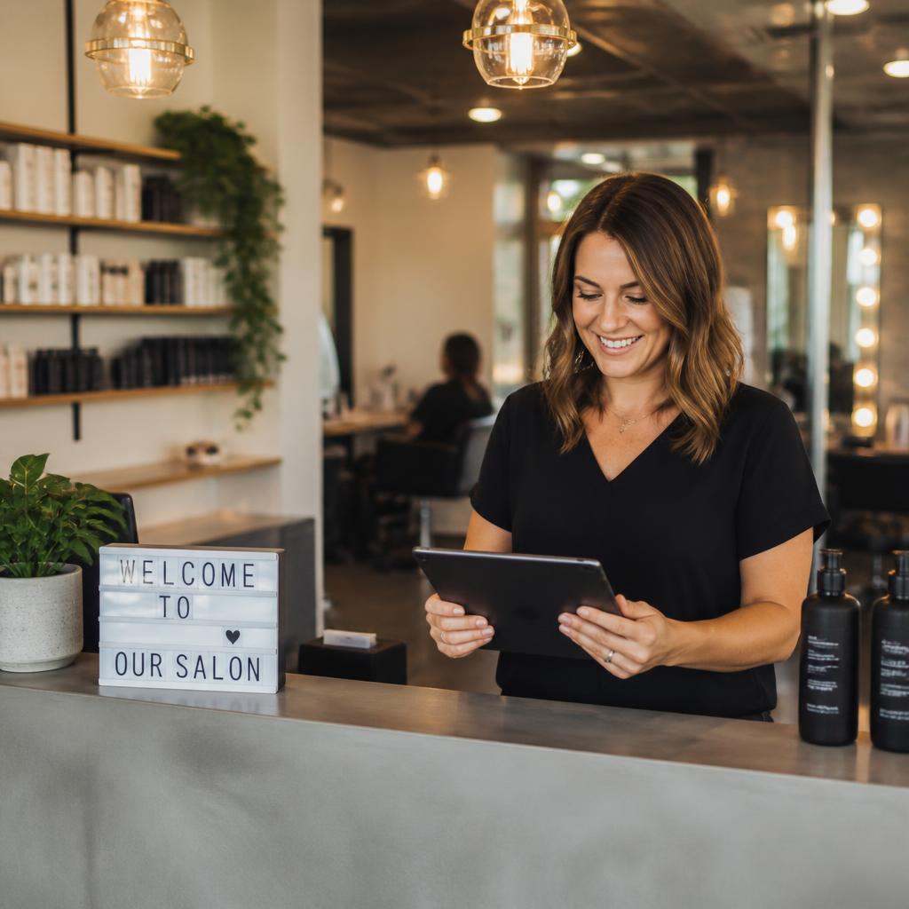 A salon owner checking a tablet at the front counter of her shop